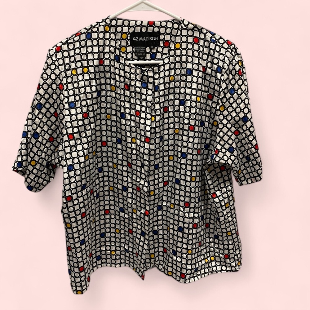 Funky 80’s geometric primary colors silky chunky button blouse 42 Madison